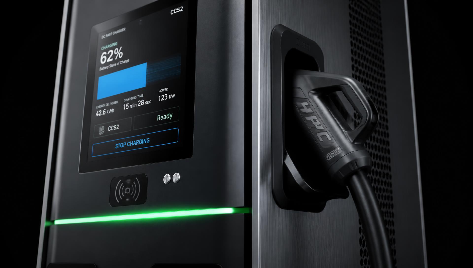 Close-up of a DC fast charger touchscreen and CCS2 connector