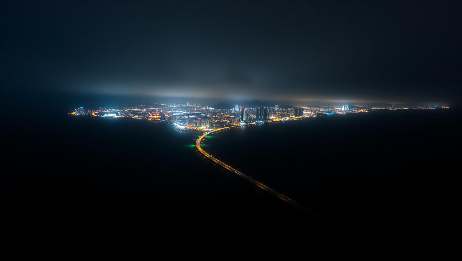 Aerial night view of an Indonesian city coastline