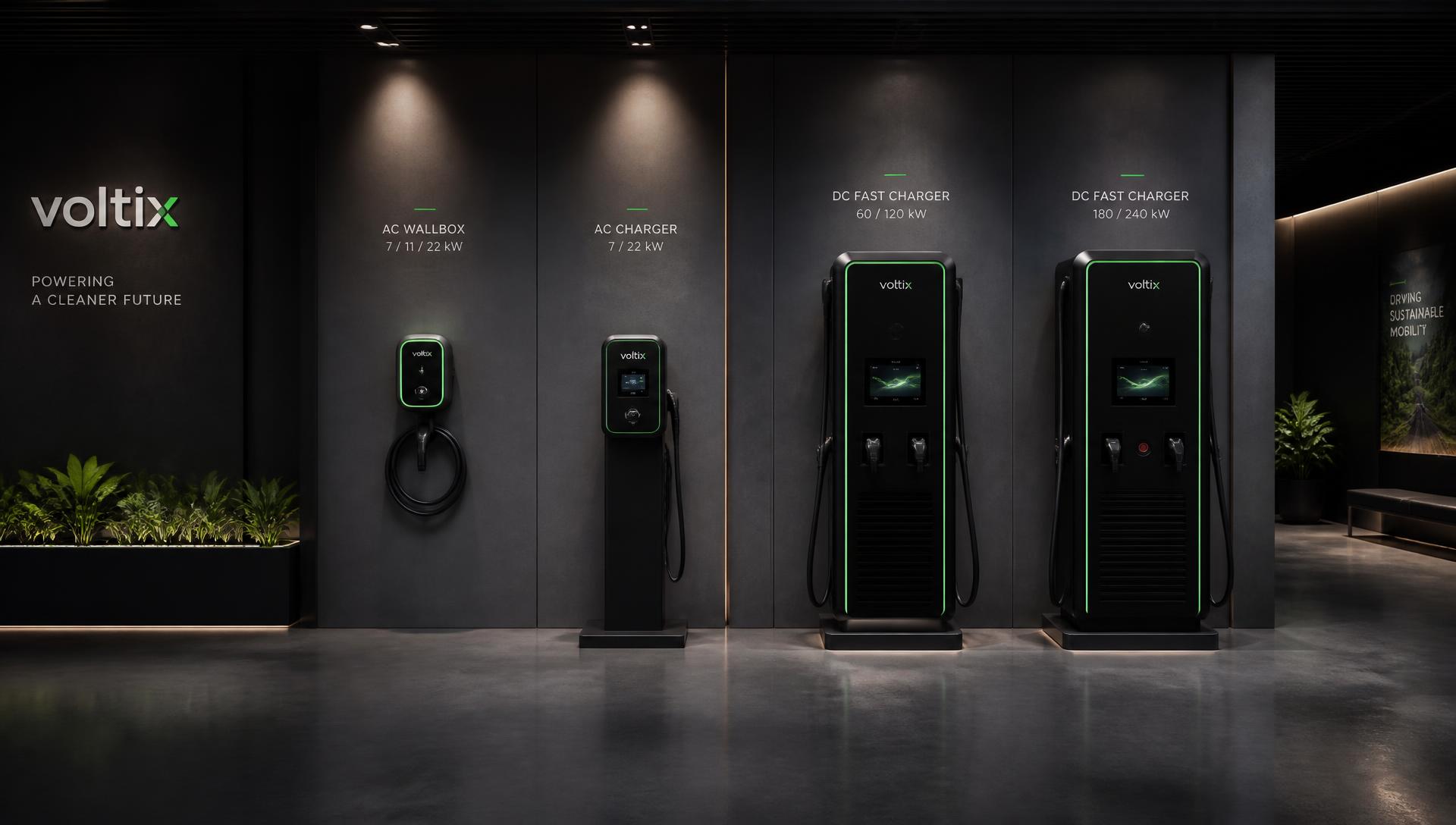 Range of EV charging equipment in a showroom